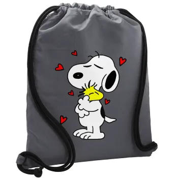 Snoopy Love, Backpack pouch GYMBAG GREY, with pocket (40x48cm) & thick cords