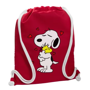 Snoopy Love, Backpack pouch GYMBAG Red, with pocket (40x48cm) & thick cords