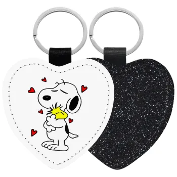 Snoopy Love, Μπρελόκ PU δερμάτινο glitter καρδιά ΜΑΥΡΟ