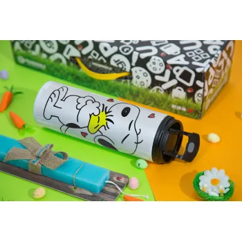 Snoopy Love, Easter candle,Travel Tumbler 2 Lids, with metal straw & cleaning brush & aromatic flat candle (30cm) (BLUE)
