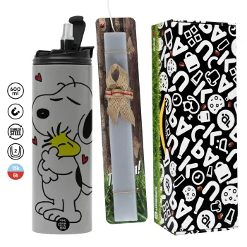 Snoopy Love, Πασχαλινή Λαμπάδα με Travel Tumbler θερμό (600ml, BPA free) & κερί αρωματικό πλακέ (30cm) (ΓΚΡΙ)
