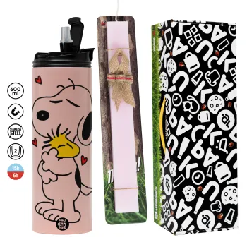 Snoopy Love, Πασχαλινή Λαμπάδα με  ΡΟΖ Travel Tumbler θερμό (600ml, BPA free) & κερί αρωματικό πλακέ (30cm) (ΡΟΖ)