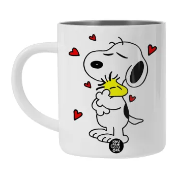 Snoopy Love, Λευκή Ανοξείδωτη Μεταλλική Κούπα 450ml - Διπλού Τοιχώματος 