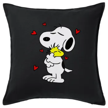 Snoopy Love, Μαξιλάρι καναπέ Μαύρο 100% βαμβάκι, περιέχεται το γέμισμα (50x50cm)