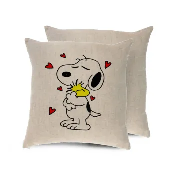 Snoopy Love, Μαξιλάρι καναπέ ΛΙΝΟ 40x40cm περιέχεται το  γέμισμα