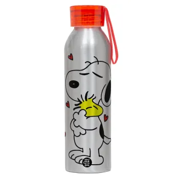 Snoopy Love, Αλουμινένιο Αθλητικό Μπουκάλι 650ml – Ασημί με Κόκκινο Καπάκι και Λουράκι Σιλικόνης