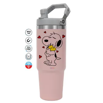 Snoopy Love, ΡΟΖ χρώματος Θερμός Ανοξείδωτο 890ml (30oz) με χερούλι
