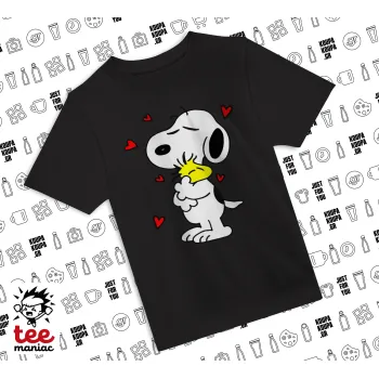 Snoopy Love, ΜΑΥΡΟ Άνετο παιδικό T-Shirt από 100% βαμβάκι, για κάθε μέρα. Vegan & OEKO-TEX πιστοποιημένο.