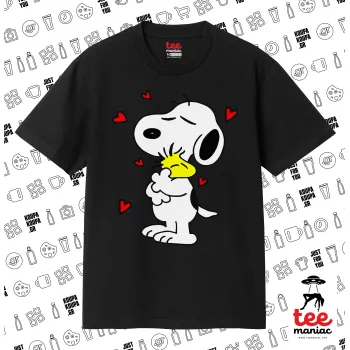 Snoopy Love, ΜΑΥΡΟ Κλασικό T-Shirt, διπλής ραφής, χωρίς πλευρικές ραφές από 100% βαμβάκι. Vegan & OEKO-TEX πιστοποιημένο.