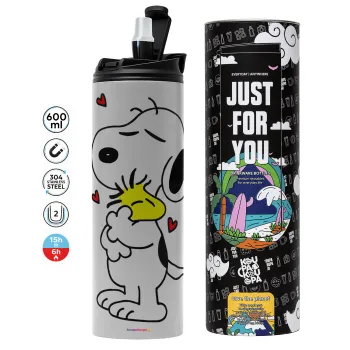 Snoopy Love, Tumbler ποτήρι θερμό ΓΚΡΙ από ανοξείδωτο ατσάλι 600ml