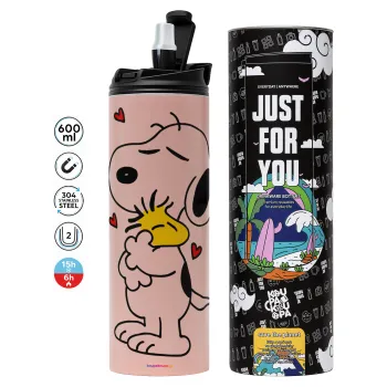 Snoopy Love, Tumbler ποτήρι θερμό ΡΟΖ από ανοξείδωτο ατσάλι 600ml
