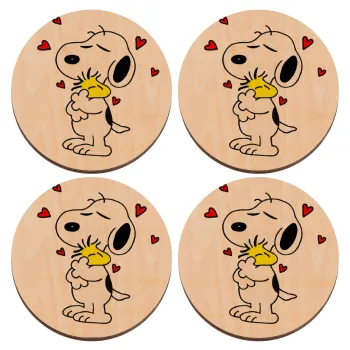 Snoopy Love, ΣΕΤ x4 Σουβέρ ξύλινα στρογγυλά plywood (9cm)