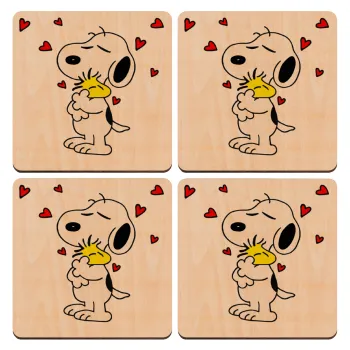 Snoopy Love, ΣΕΤ x4 Σουβέρ ξύλινα τετράγωνα plywood (9cm)