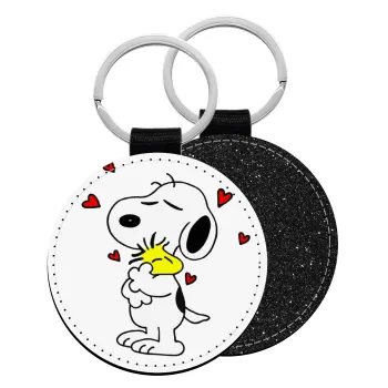 Snoopy Love, Μπρελόκ Δερματίνη, στρογγυλό ΜΑΥΡΟ (5cm)