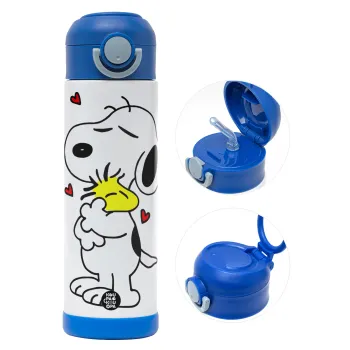 Snoopy Love, Παιδικό παγούρι θερμό, ανοξείδωτο, με καλαμάκι ασφαλείας, ΜΠΛΕ (500ml)