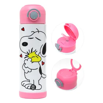 Snoopy Love, Παιδικό παγούρι θερμό, ανοξείδωτο, με καλαμάκι ασφαλείας, ΡΟΖ (500ml)