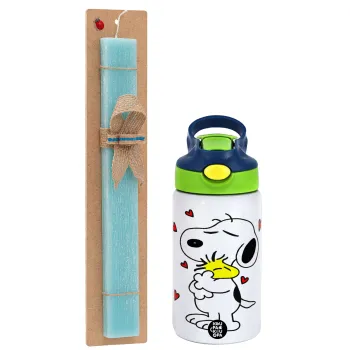 Snoopy Love, Easter Set, Children's thermal stainless steel bottle with safety straw, green/blue (350ml) & aromatic flat Easter candle (30cm) (TURQUOISE)