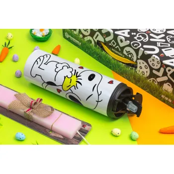 Snoopy Love, Easter candle,Travel Tumbler 2 Lids, with metal straw & cleaning brush & aromatic flat candle (30cm) (PINK)