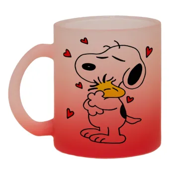 Snoopy Love, Κούπα γυάλινη δίχρωμη με βάση το κόκκινο ματ, 330ml