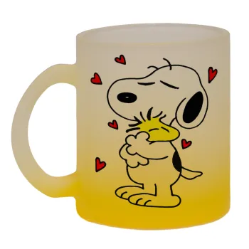 Snoopy Love, Κούπα γυάλινη δίχρωμη με βάση το κίτρινο ματ, 330ml