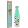 Easter Set, Metallic green/white thermos (Stainless steel), double-walled, 500ml & scented flat Easter candle (30cm) (TURQUOISE)