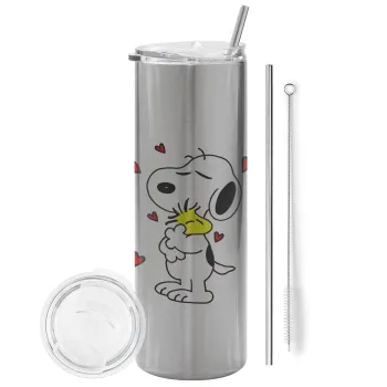 Snoopy Love, Tumbler ποτήρι θερμό Ασημένιο από ανοξείδωτο ατσάλι 600ml, με μεταλλικό καλαμάκι & βούρτσα καθαρισμού