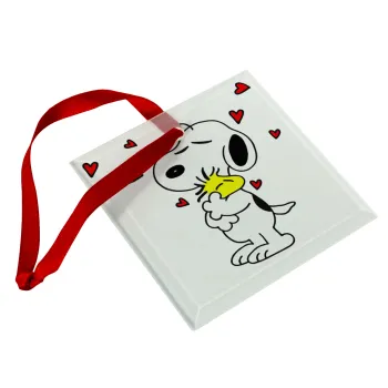 Snoopy Love, Christmas ornament, glass square ornament 9x9cm
