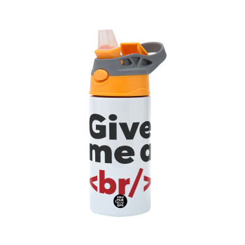 Give me a <br/>, Children's hot water bottle, stainless steel, with safety straw, Orange/Grey (360ml) BPA-FREE