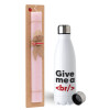 Easter Set, metallic stainless steel water bottle (750ml) & scented flat Easter candle (30cm) (PINK)
