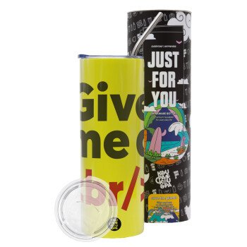 Give me a <br/>, Neon Yellow Travel Tumbler, with metal straw (Stainless steel 304 Food grade, BPA free, 600ml)