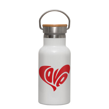 Love, Metallic thermos (Stainless steel) White with wooden lid (bamboo), double-walled, 350ml