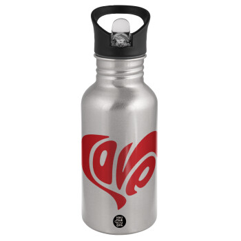 Love, Water bottle Silver with straw, stainless steel 500ml