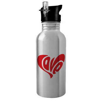 Love, Water bottle Silver with straw, stainless steel 600ml
