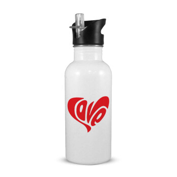 Love, White water bottle with straw, stainless steel 600ml