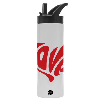 Love, Metallic thermos bottle with straw & handle, stainless steel (Stainless steel 304), double-walled, 600ml.