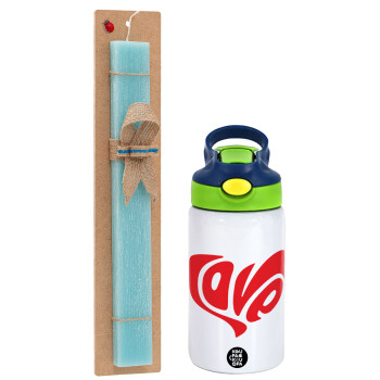 Love, Easter Set, Children's thermal stainless steel bottle with safety straw, green/blue (350ml) & aromatic flat Easter candle (30cm) (TURQUOISE)