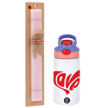 Love, Easter Set, Children's thermal stainless steel water bottle with safety straw, pink/purple (350ml) & Easter scented flat candle (30cm) (PINK)
