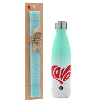 Love, Easter Set, Metallic green/white thermos (Stainless steel), double-walled, 500ml & scented flat Easter candle (30cm) (TURQUOISE)