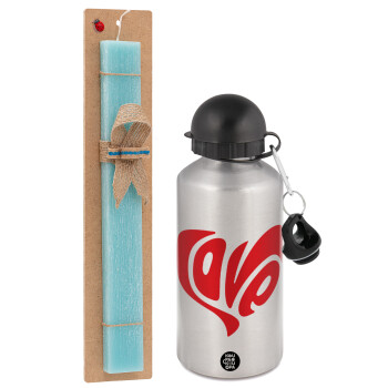 Love, Easter Set, metallic silver aluminum water bottle (500ml) & scented flat Easter candle (30cm) (TURQUOISE)