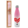 Easter Set, Metallic pink/white (Stainless steel) thermos, double-walled, 500ml & aromatic flat Easter candle (30cm) (PINK)