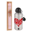 Easter Set, metallic Silver aluminum water bottle (500ml) & scented flat Easter candle (30cm) (PINK)