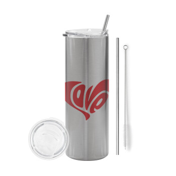 Love, Eco friendly stainless steel Silver tumbler 600ml, with metal straw & cleaning brush