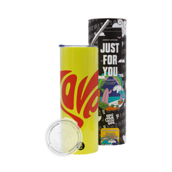 Love, Neon Yellow Travel Tumbler, with metal straw (Stainless steel 304 Food grade, BPA free, 600ml)