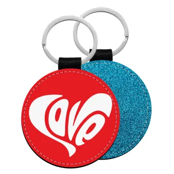 Love, Μπρελόκ Δερματίνη, στρογγυλό ΜΠΛΕ (5cm)
