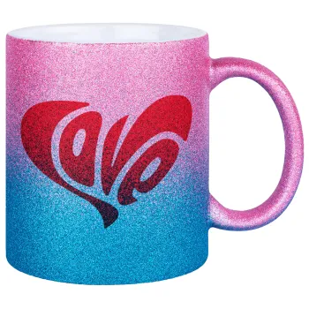 Love, Κούπα Χρυσή/Μπλε Glitter, κεραμική, 330ml