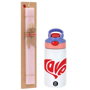 Love, Easter Set, Children's thermal stainless steel water bottle with safety straw, pink/purple (350ml) & Easter scented flat candle (30cm) (PINK)