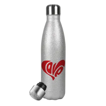 Love, Metallic Glitter Silver Thermos Flask (Stainless steel), double-walled, 500ml