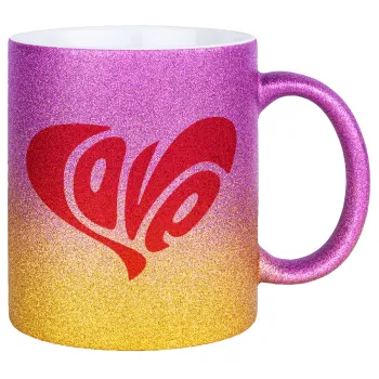 Love, Κούπα Χρυσή/Ροζ Glitter, κεραμική, 330ml