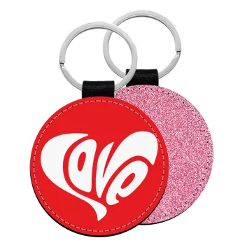 Love, Μπρελόκ Δερματίνη, στρογγυλό ΡΟΖ (5cm)