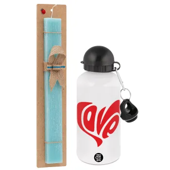 Love, Easter Set, metallic aluminum water bottle (500ml) & scented flat candle (30cm) (TURQUOISE)